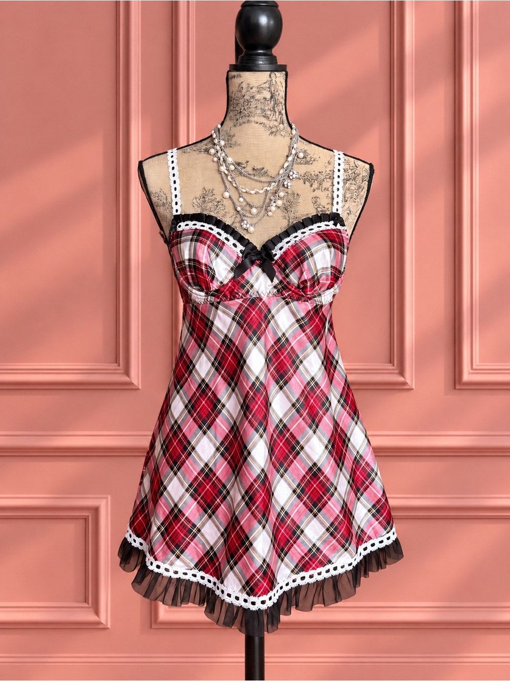 Y2K Red Plaid Babydoll Chemise Nightdress